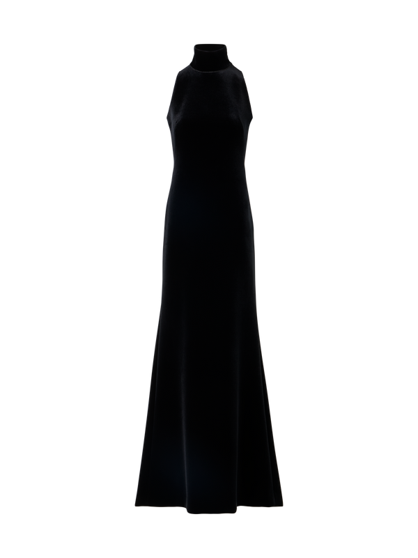 Designer Velvet Halter Gown with The Fringe Knot - black