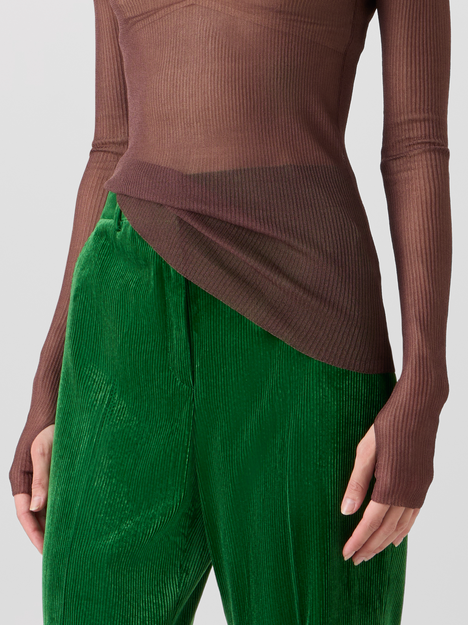 Designer Transparent Silk Fine Rib Sweater with Thumb Holes - brown 