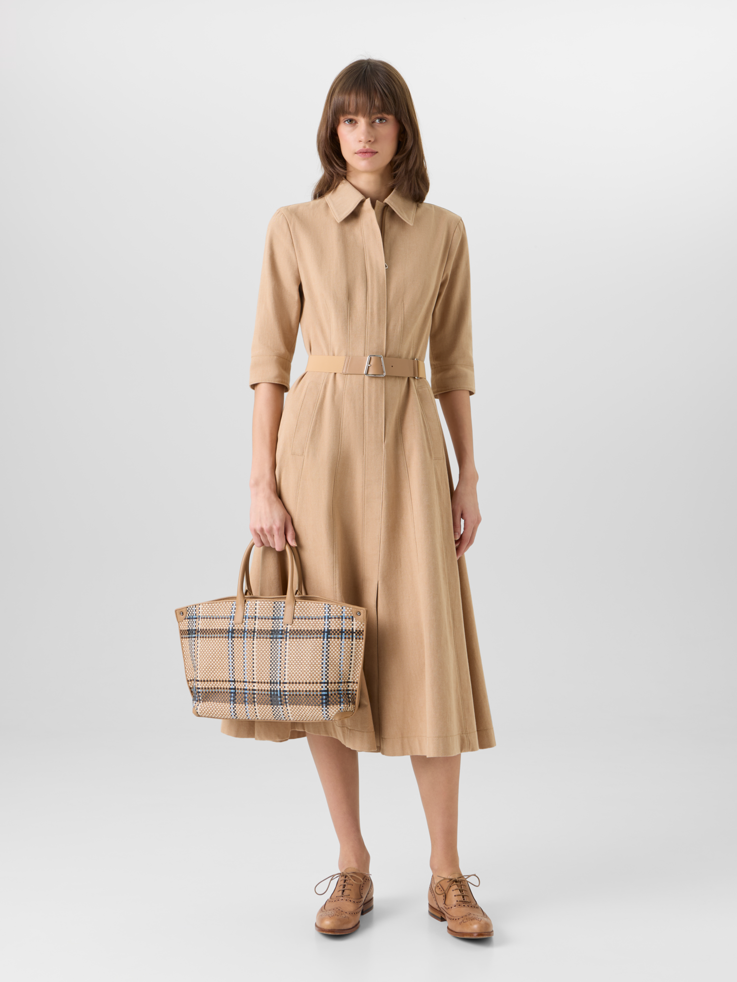 Designer A-Line Cotton-Denim Stretch Midi Dress - beige 