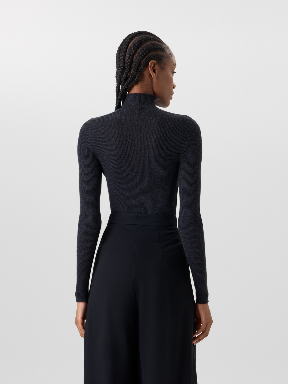 Designer Fine Rib Cashmere Silk Mock Neck Sweater - grey #editorial
