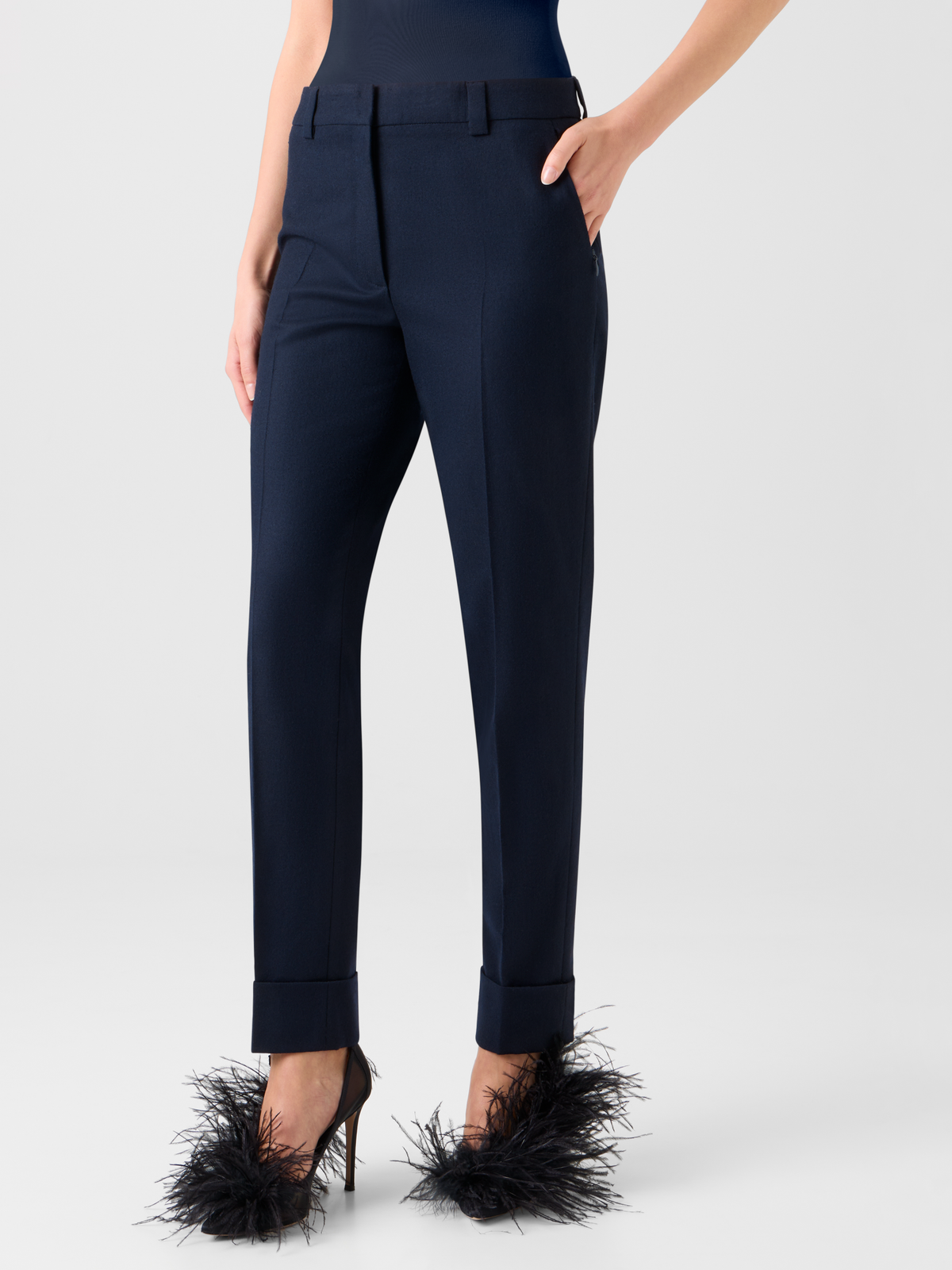 Designer Cropped Tapered Stretch Wool Flannel Pants - neutral - navy - blue #editorial