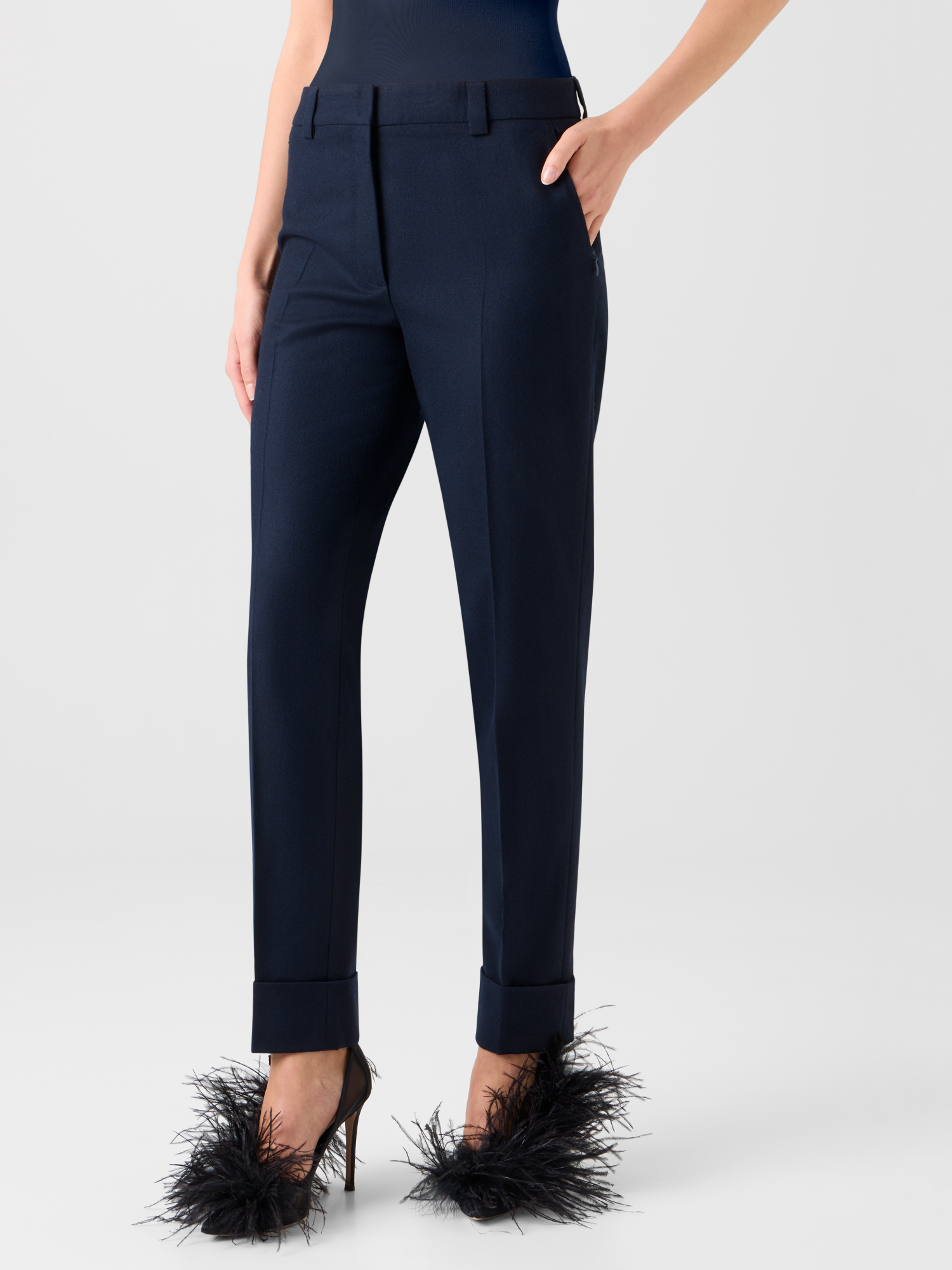 Designer Cropped Tapered Stretch Wool Flannel Pants - neutral - navy - blue 