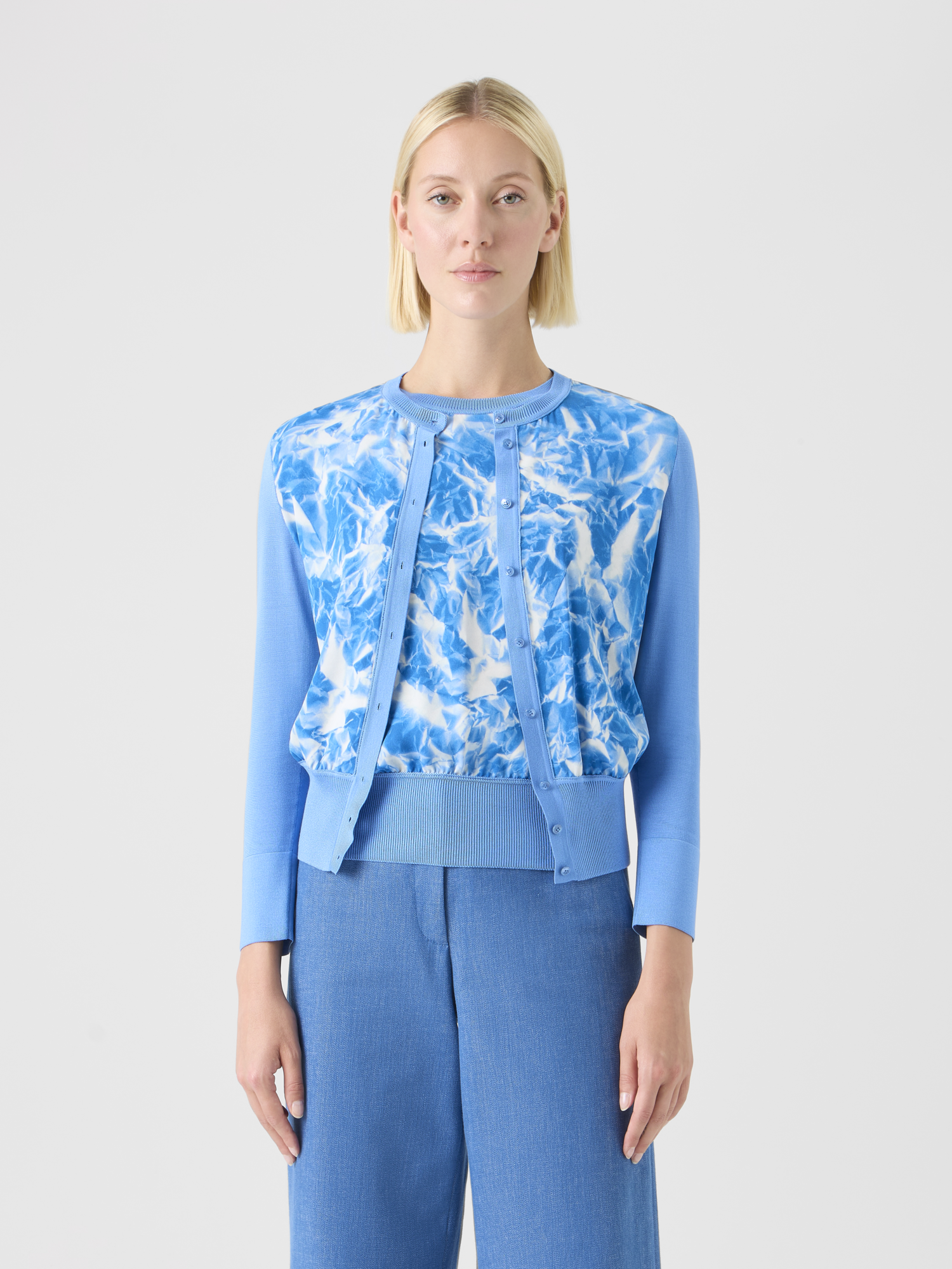 Designer Whitecaps Print Silk Cardigan - blue 