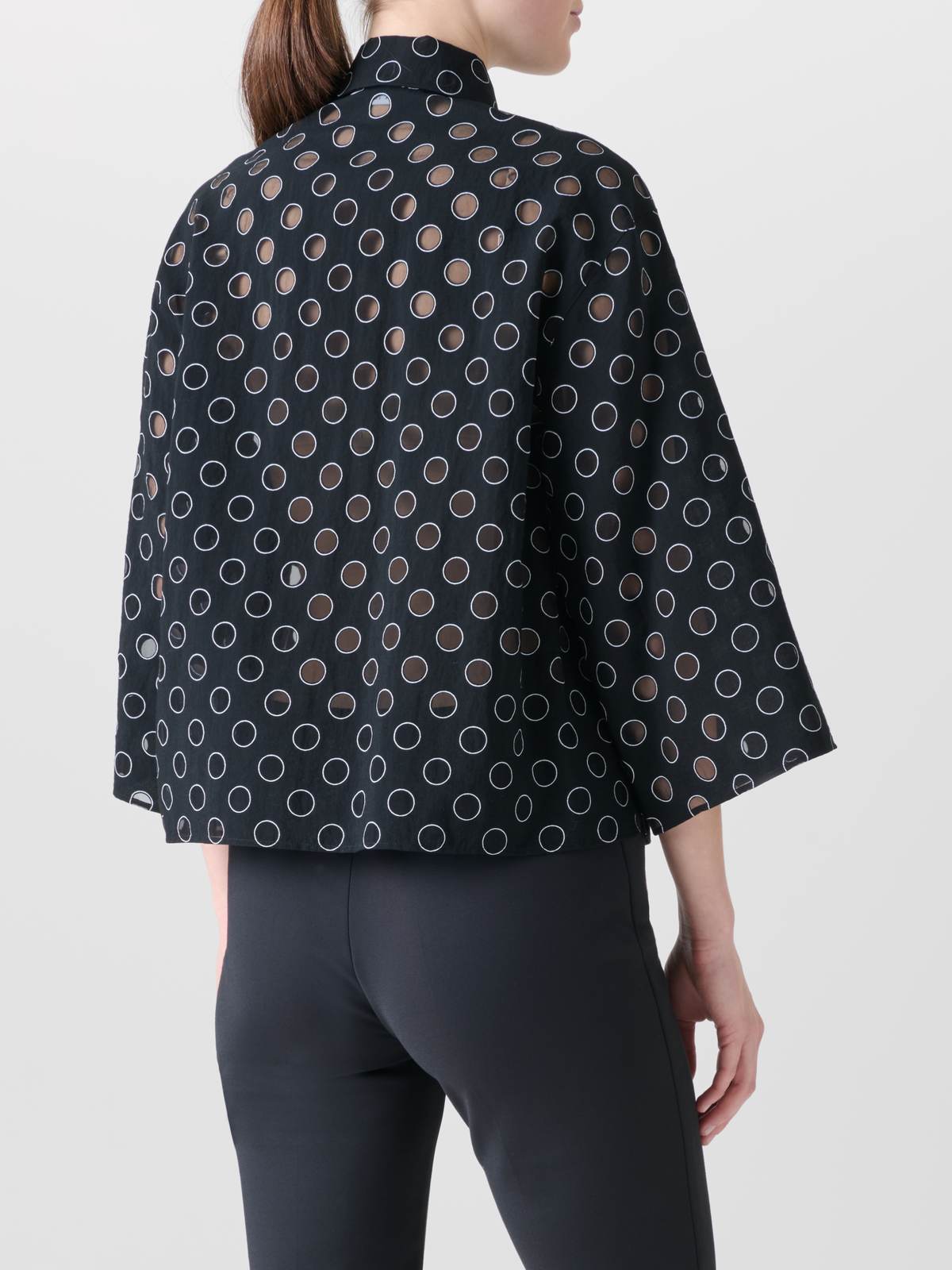 Designer Cropped Shirt Blouse with Sheer Polka Dots - black #editorial