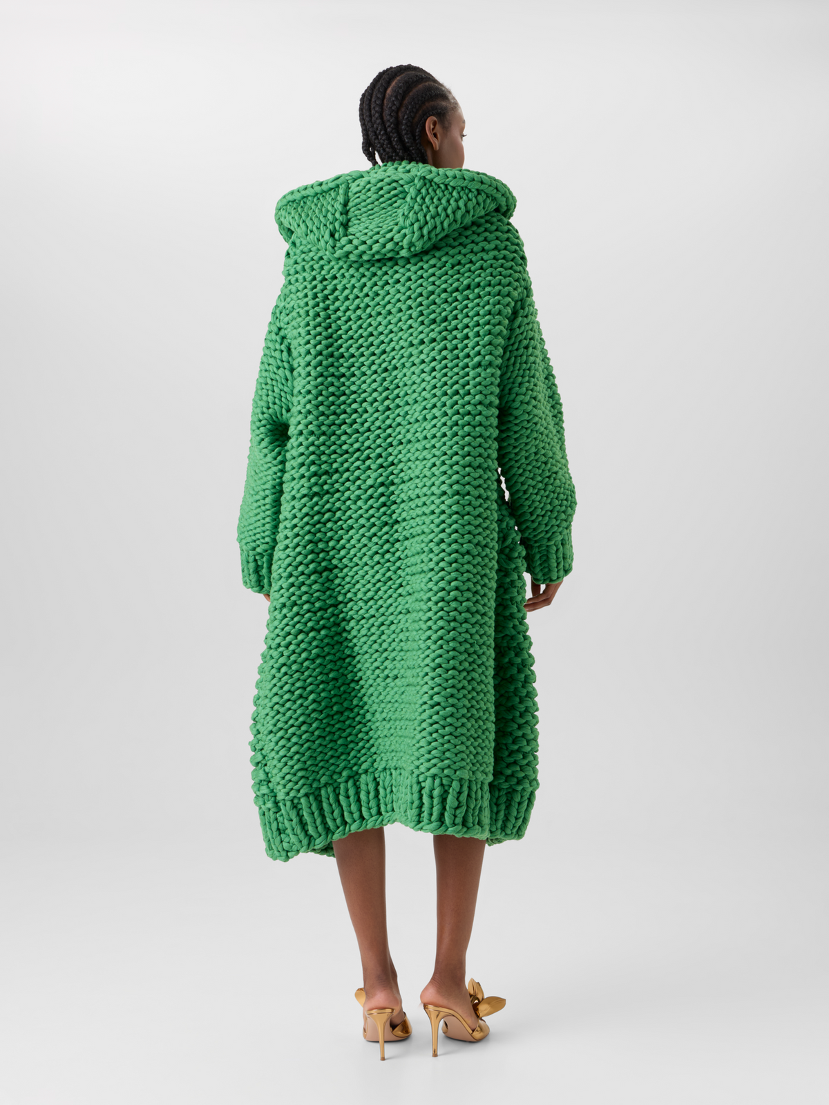 Designer Structured Handknit Hooded Coat - green 
