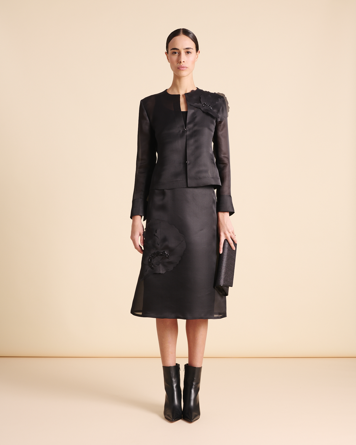 Designer Cropped Silk Jacket with 3D Organza Anemone - black - neutral #editorial