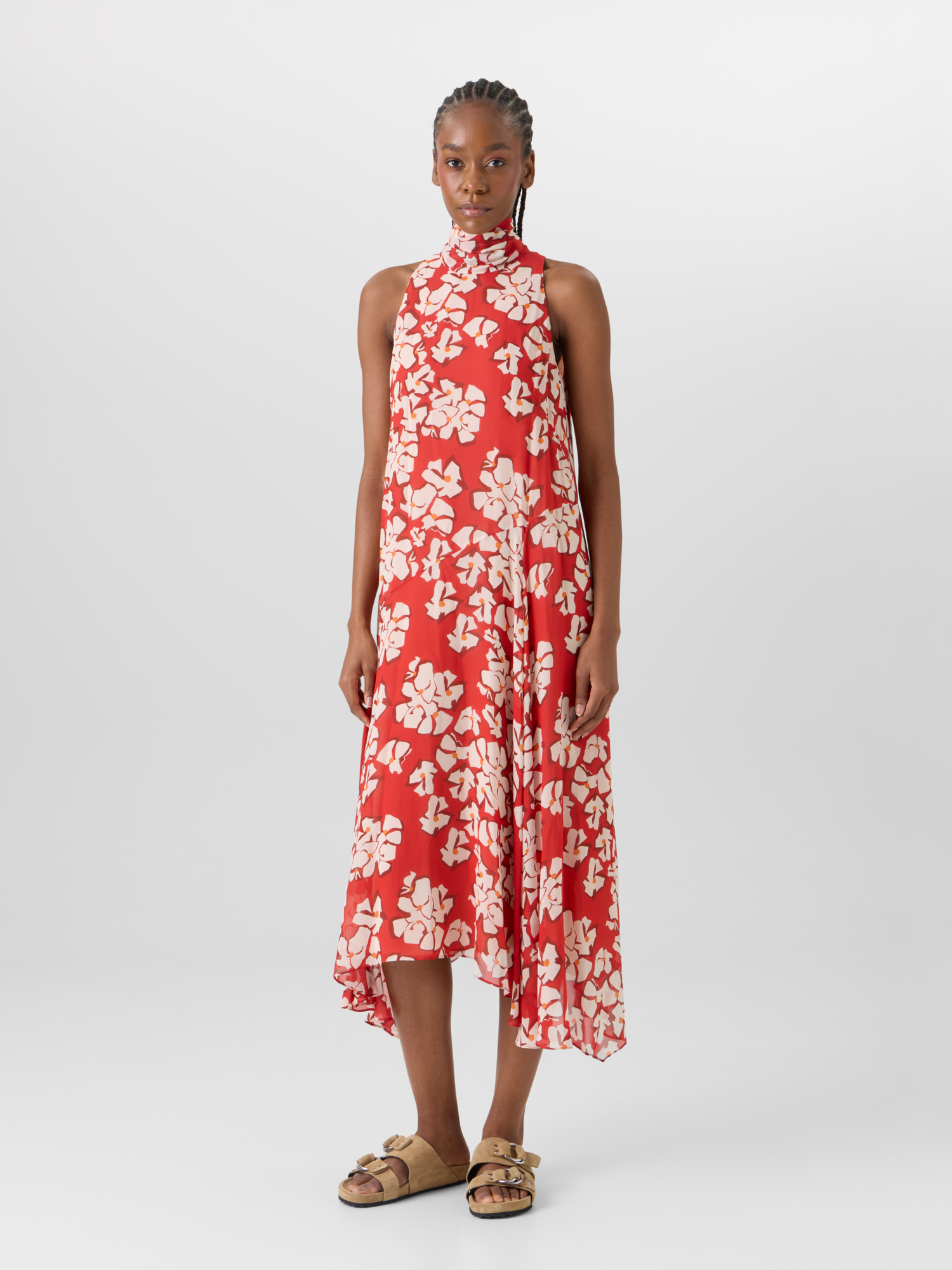 Designer Sleeveless Papercut Flower Midi Dress - red 