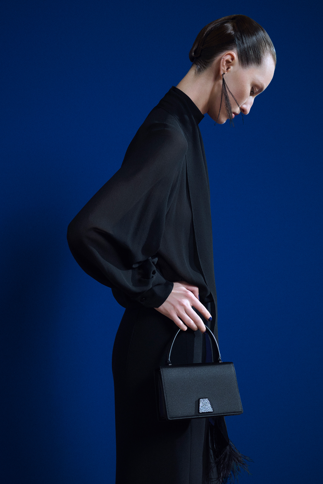 Designer Sheer Silk Tie Neck Blouse with Feather Trim - black - neutral 