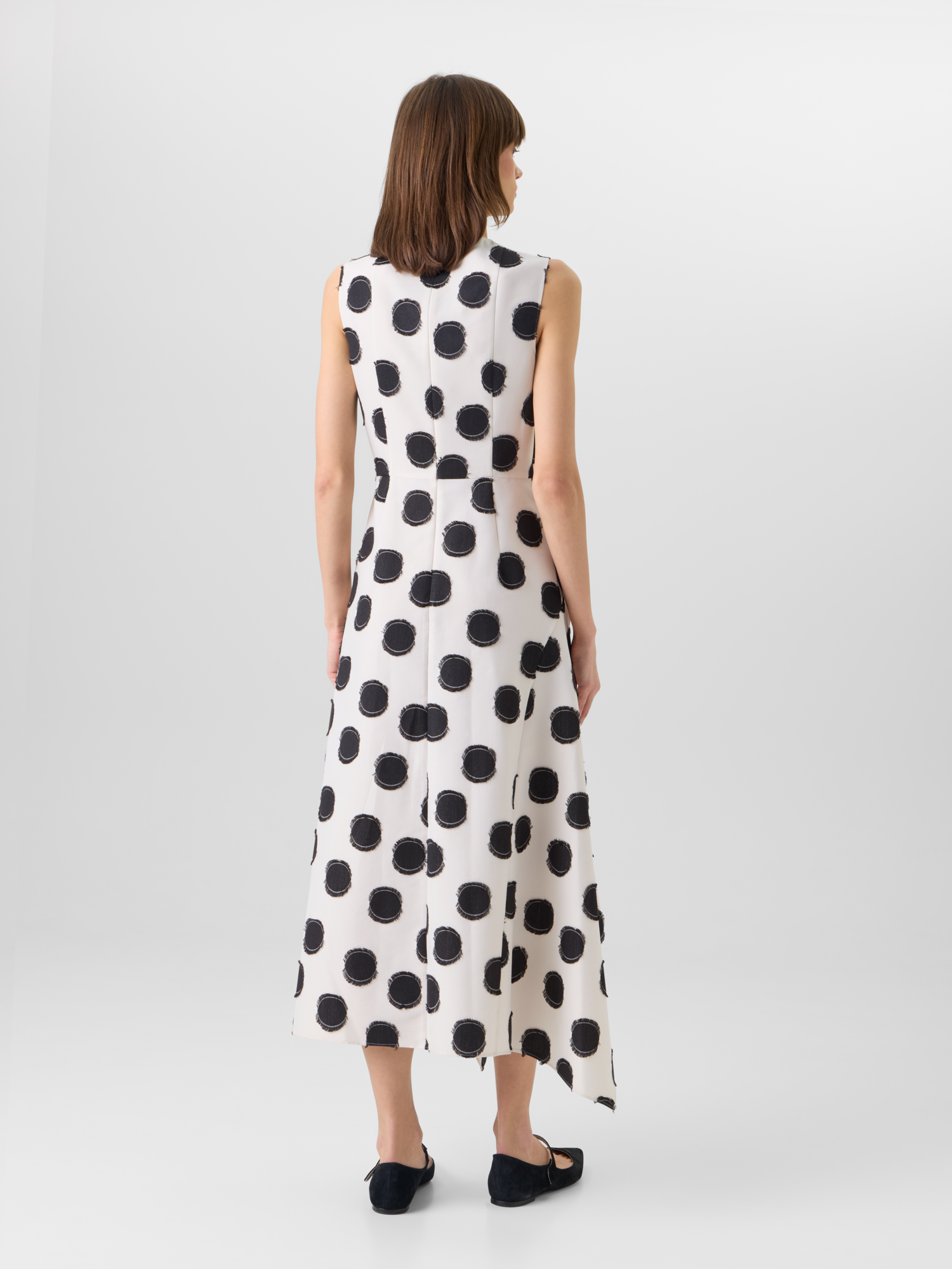 Designer Sleeveless Fringed Polka-Dot Midi Dress - white 