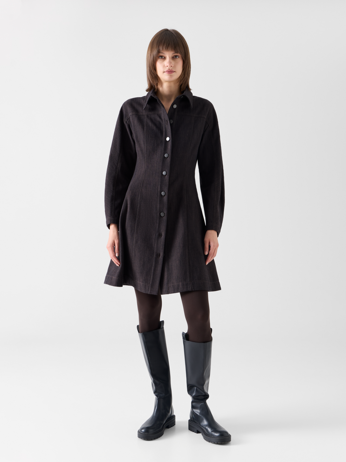 Designer Mini Fit-and-Flare Dress in Winter Denim - brown #editorial