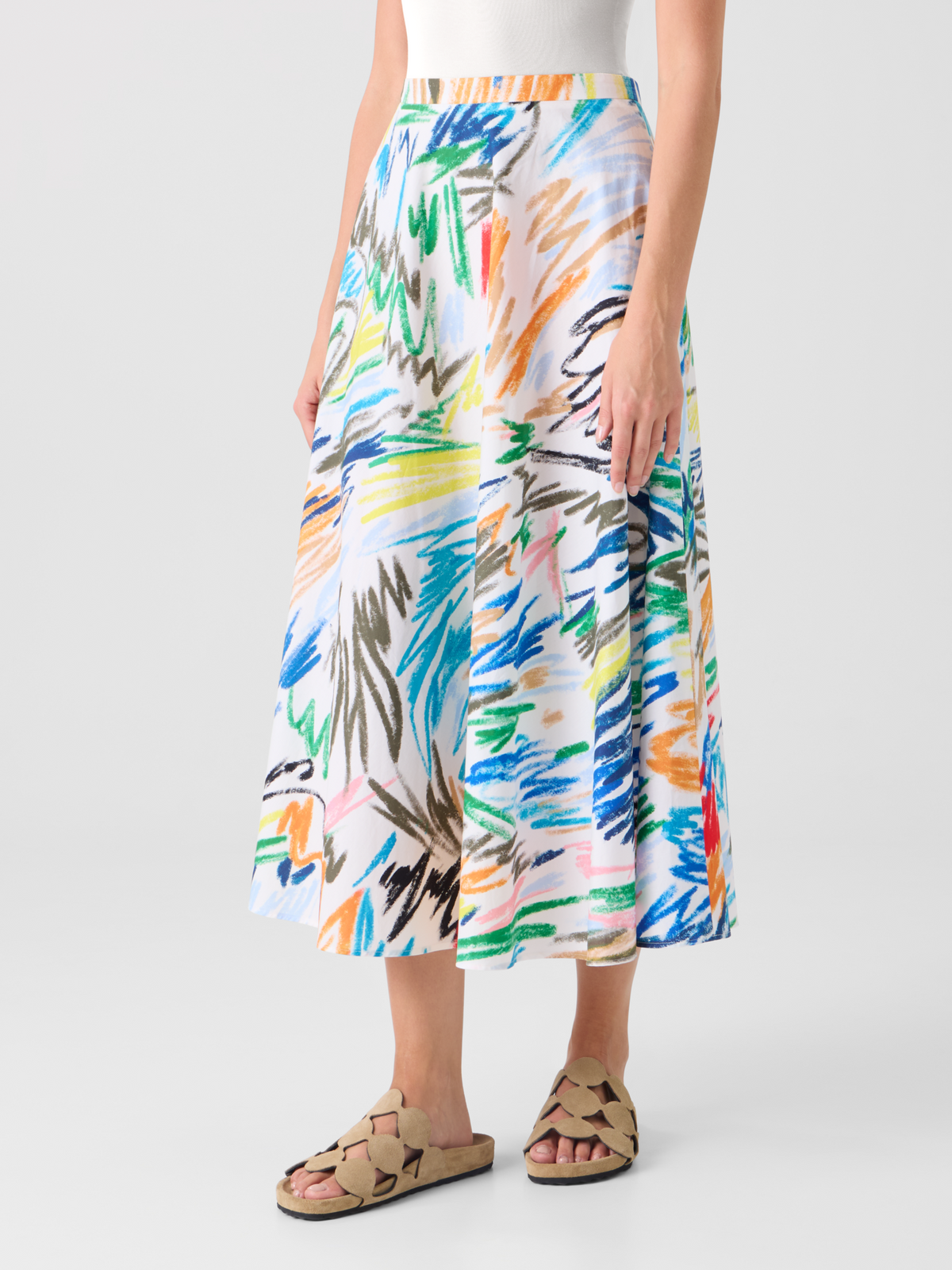 Designer Scribble Print Cotton Midi Skirt - multicolor - ecru #editorial