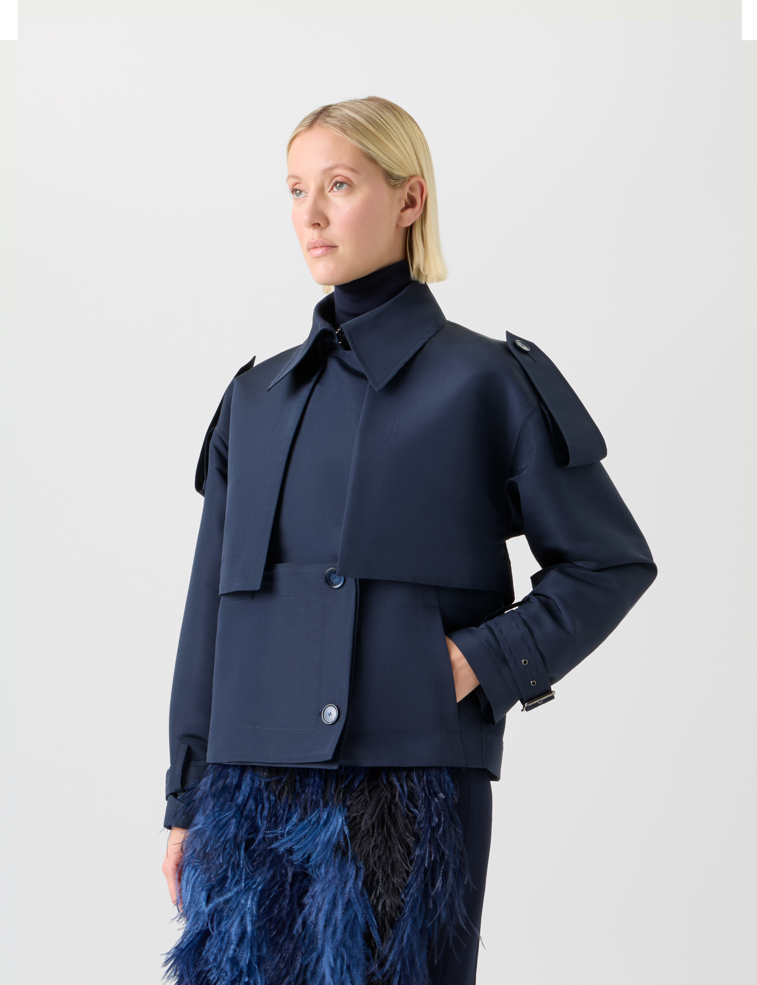 Designer Short Silk Trench Coat with Removable Bolero - neutral - navy - blue 