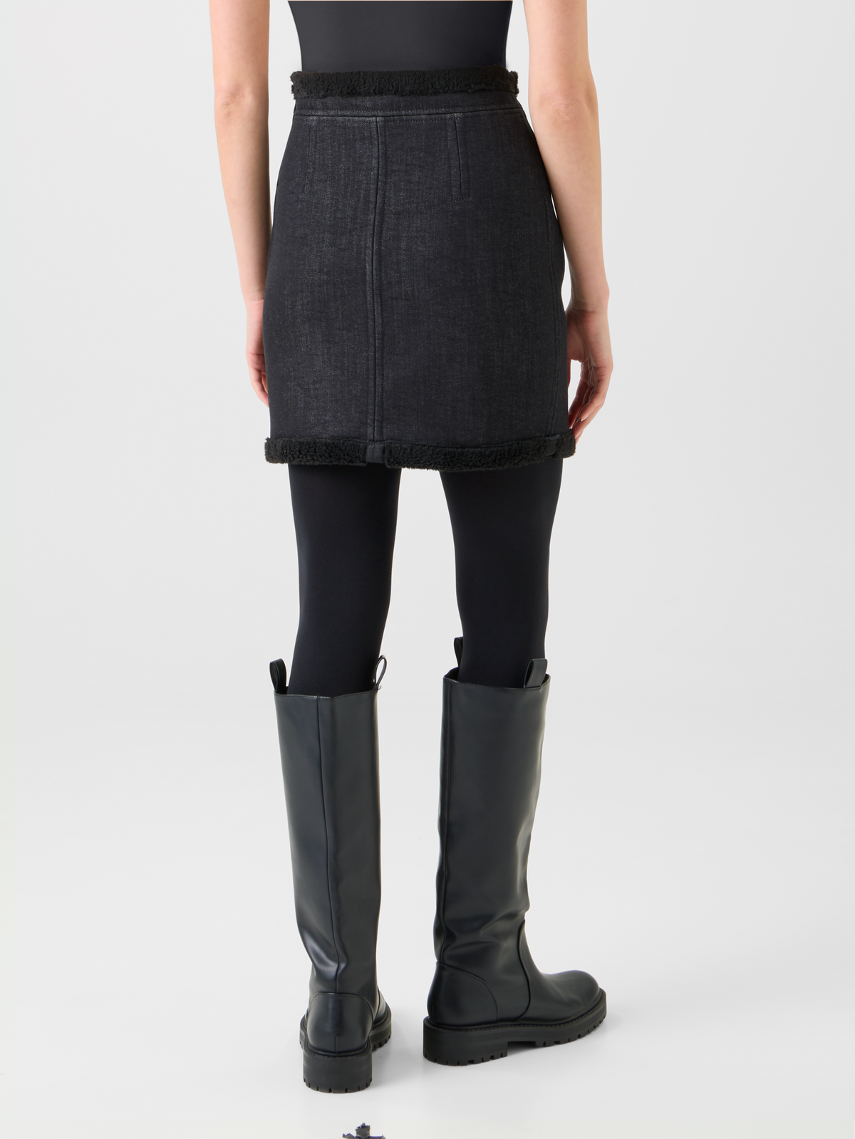 Designer Cotton Denim and Faux Shearling Mini Skirt - black - neutral #editorial