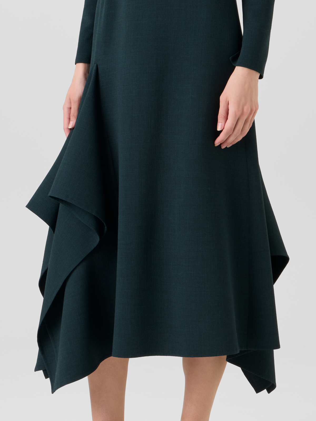 Designer Flared Midi Dress with Asymmetrical Skirt in Wool - green 