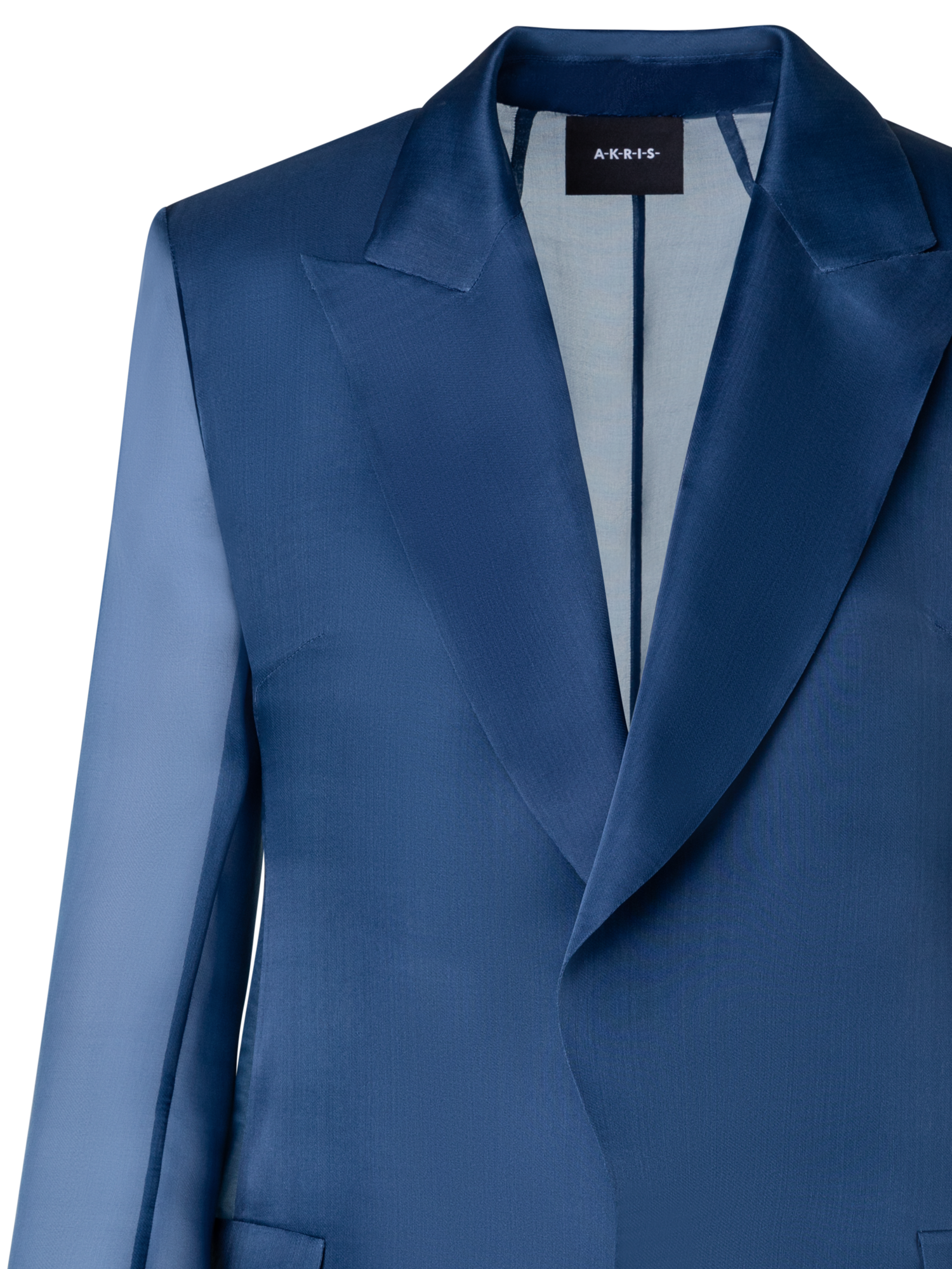 Designer Long Tailored Jacket with Semi-Sheer Sleeve - blue