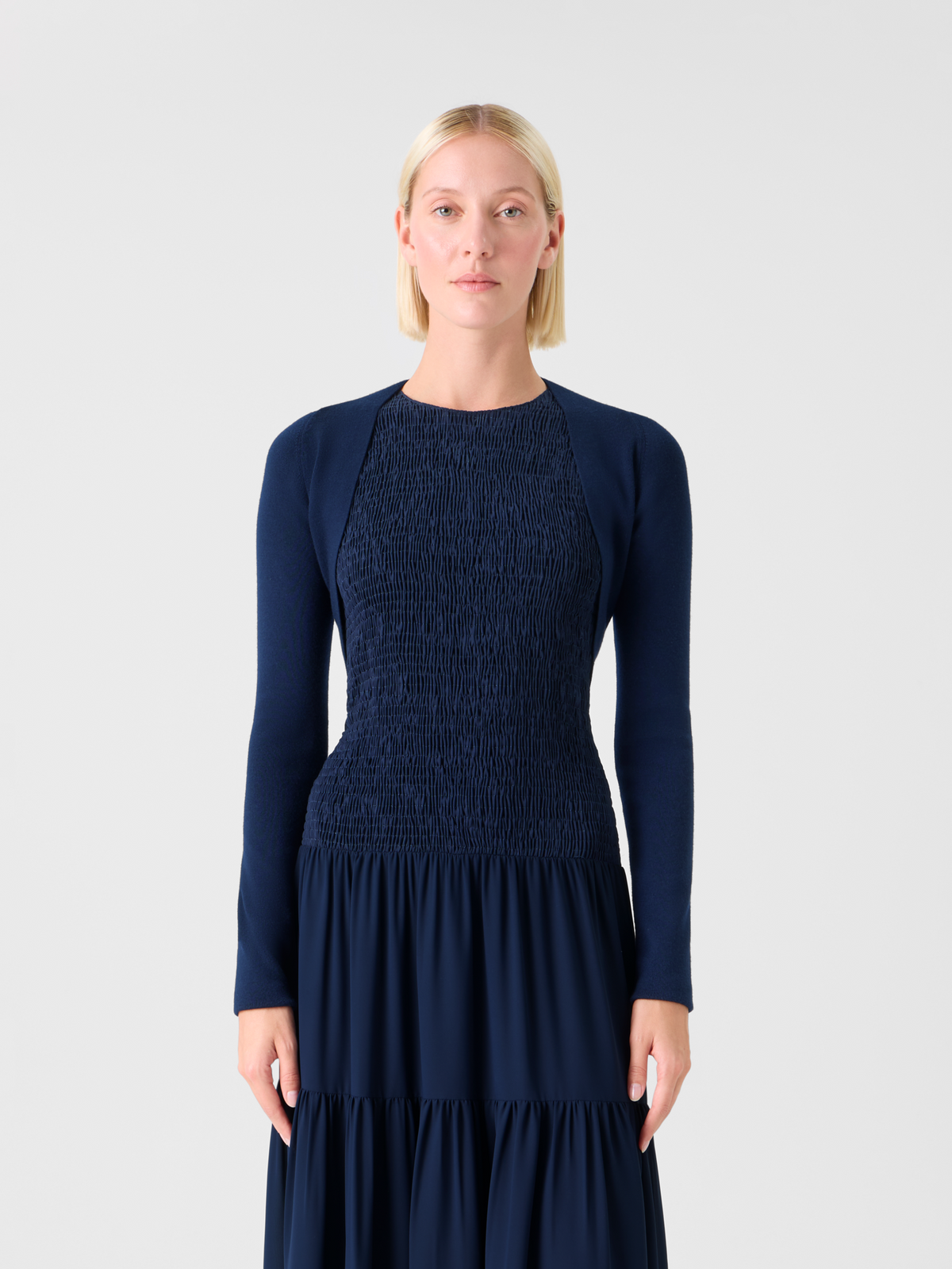 Designer Merino Wool Cropped Bolero Cardigan - navy - blue