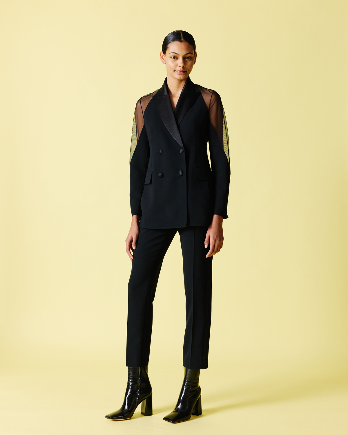 Wool Satin Tuxedo Jacket with Sheer Shoulders Akris Inc. Wool Satin Tuxedo Jacket with Sheer Shoulders Akris Inc.