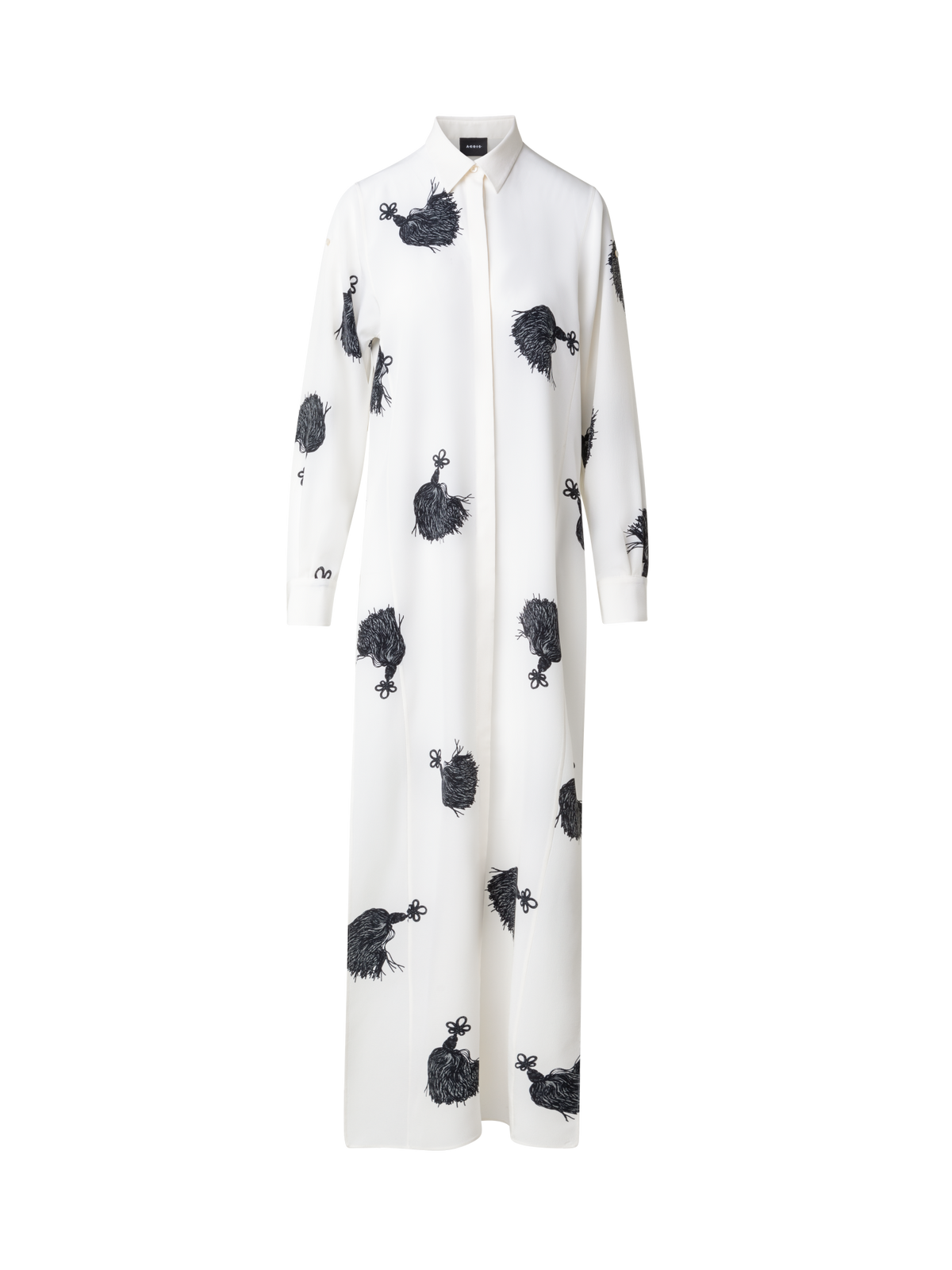 Designer Long Silk Tunic Dress with Tassels Print - multicolor - ecru - white