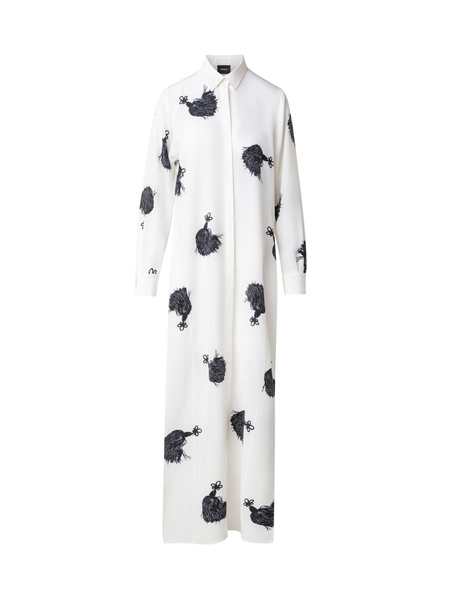 Designer Long Silk Tunic Dress with Tassels Print - multicolor - ecru - white