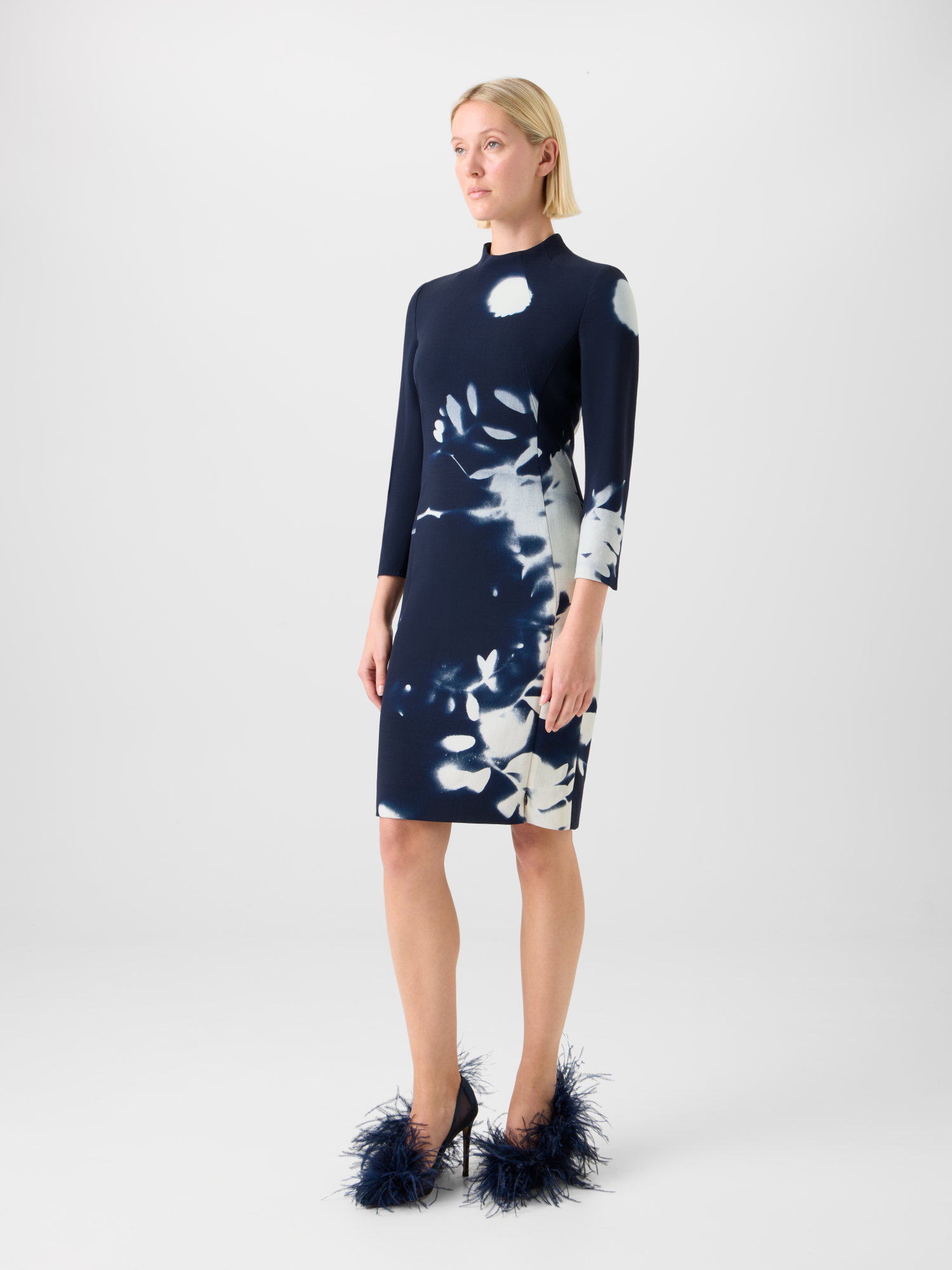 Designer Short Wool Mock Neck Dress in Wildflower Print - neutral - navy - blue - multicolor 