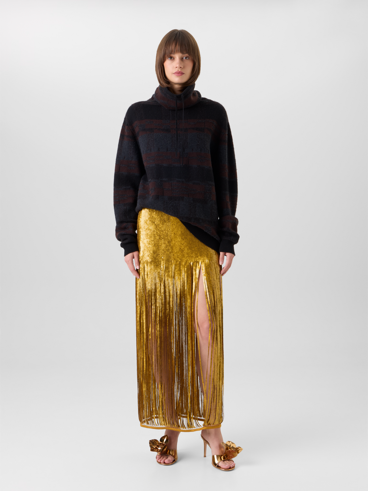 Designer Sequin Fringe Midi Skirt - gold 