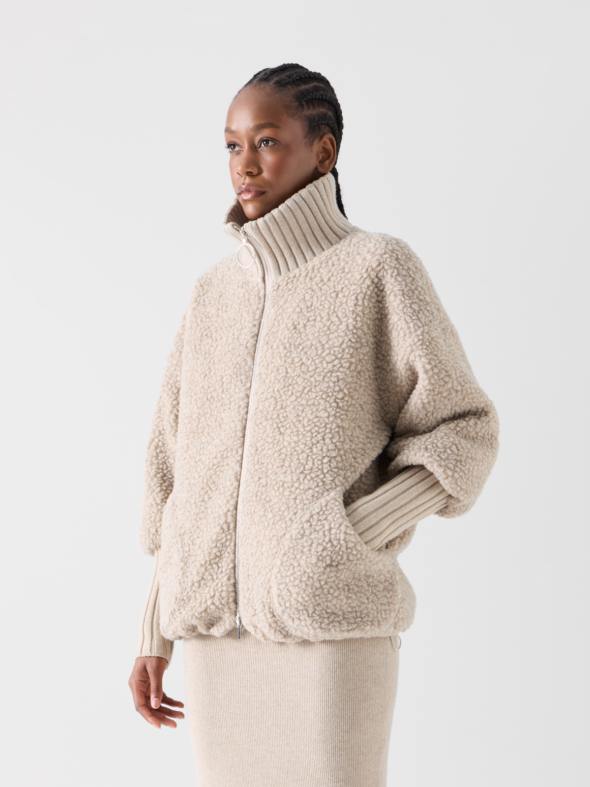 Designer Fleece Bouclé Quilted Jacket with High Knit Cuffs - beige #editorial