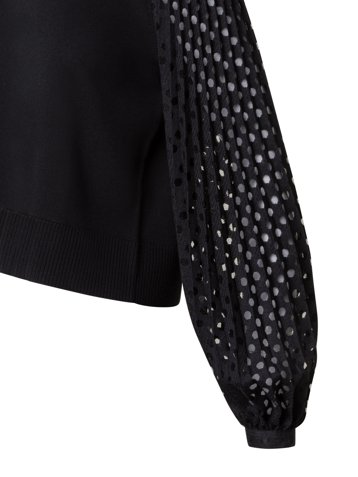 Designer Mixed Media Wool Knit Sweater with Lace Sleeves - black