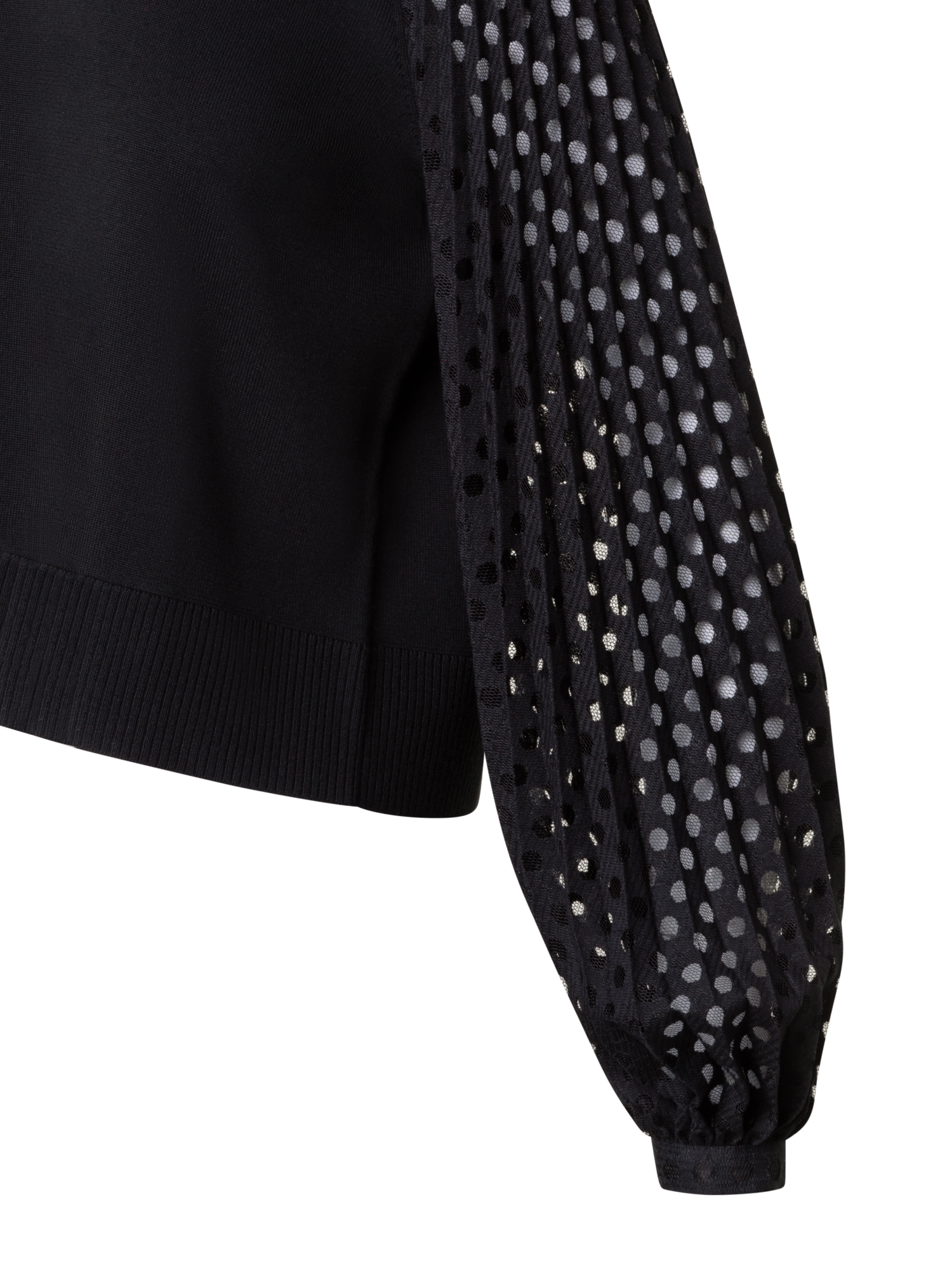 Designer Mixed Media Wool Knit Sweater with Lace Sleeves - black