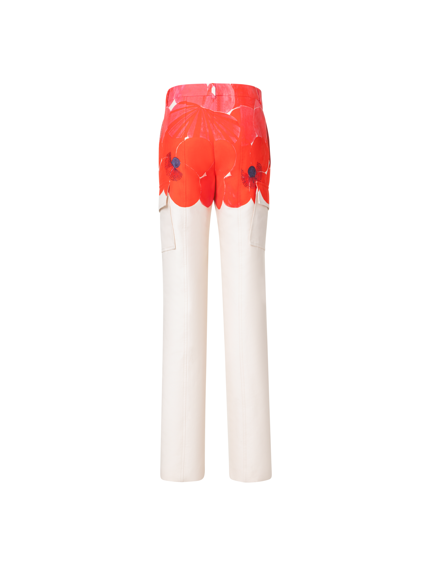 Designer Straight Cotton Silk Cargo Pants with Poppy Print - multicolor - ecru - red - white