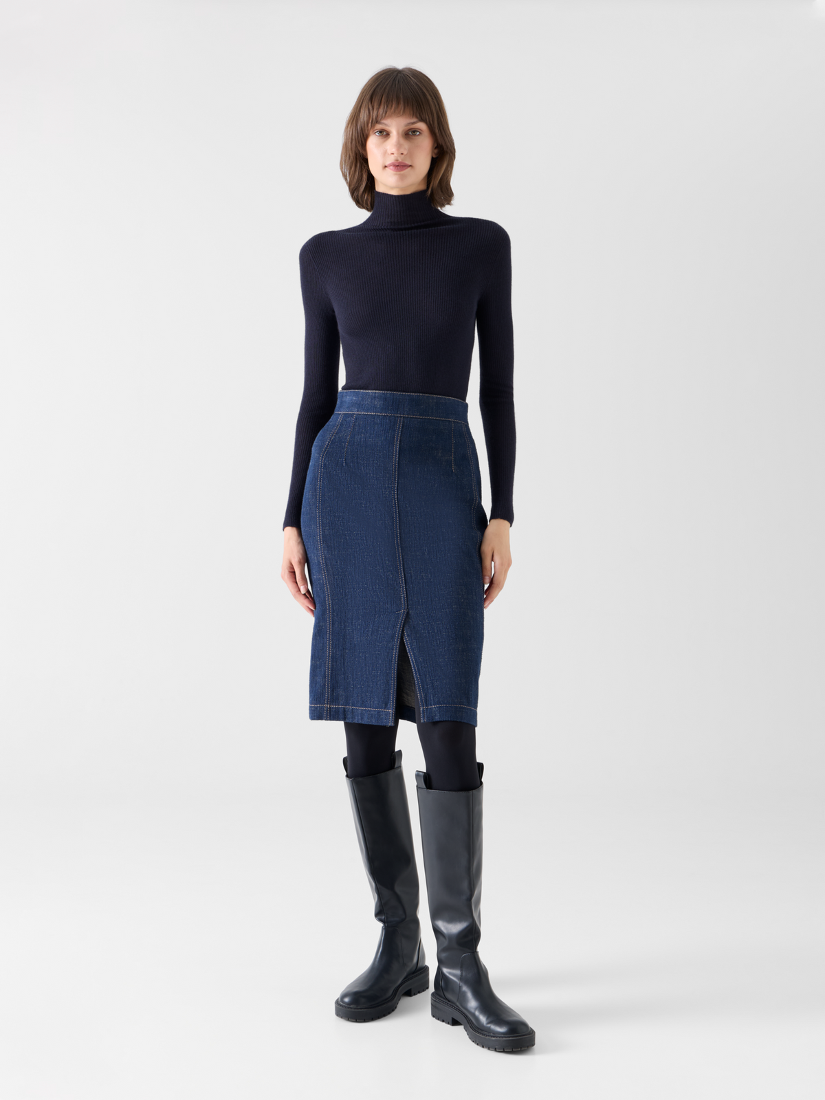 Designer High Waist Pencil Skirt in Brushed Winter Denim - navy - blue #editorial