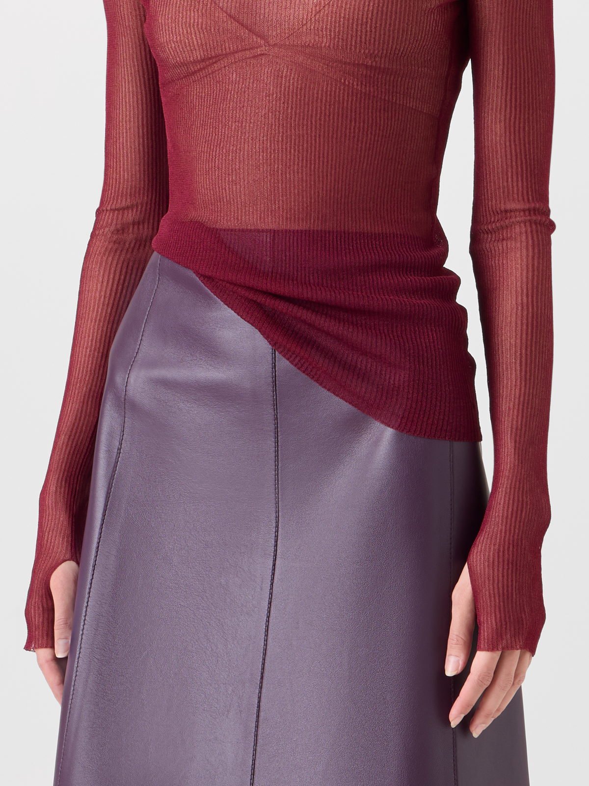 Designer Transparent Silk Fine Rib Sweater with Thumb Holes - red 