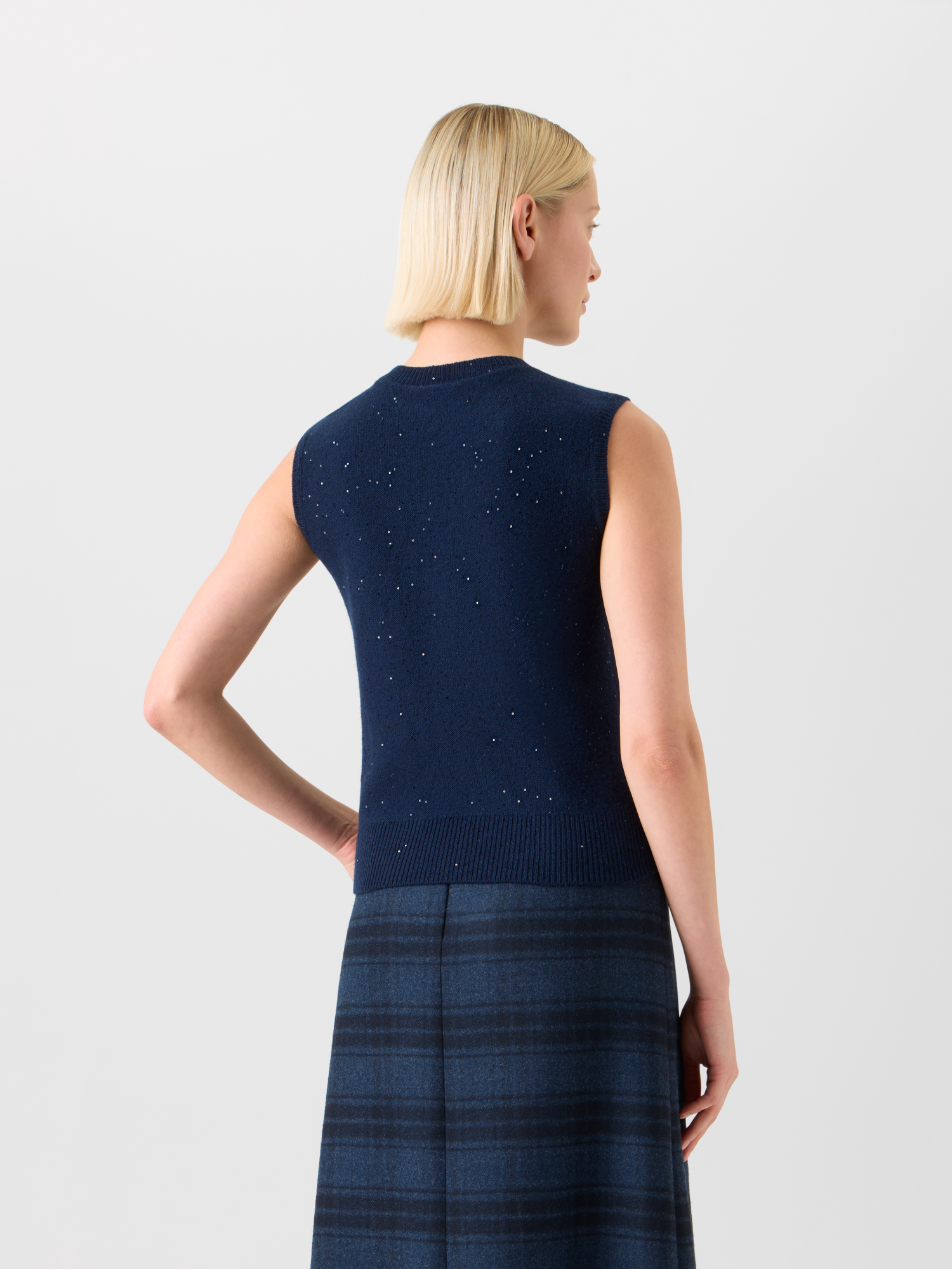 Designer Sequins Wool Cashmere Knit Top - neutral - navy - blue 
