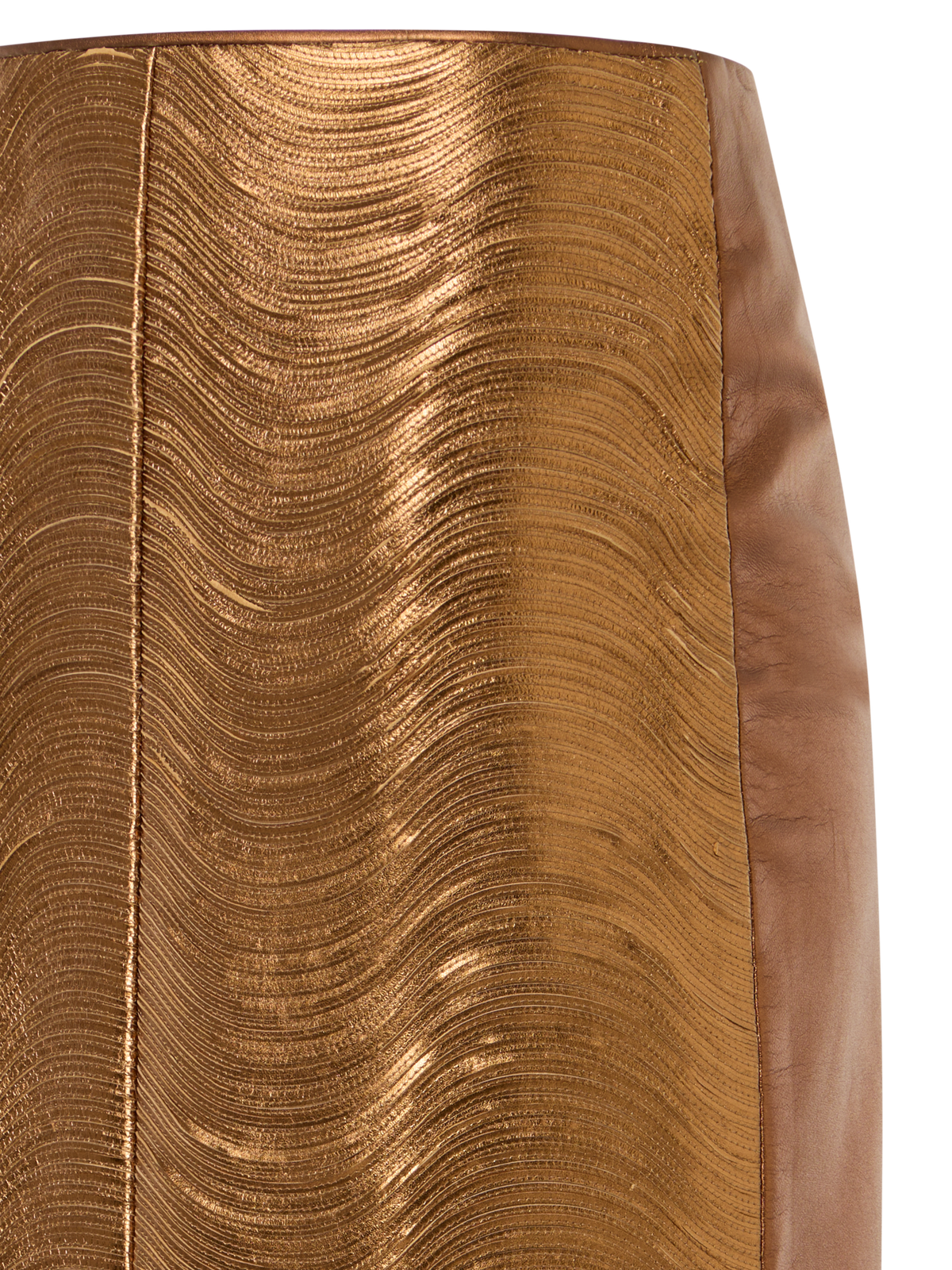 Designer Midi Pencil Skirt in Lamé Leather Stripe Embroidery - gold