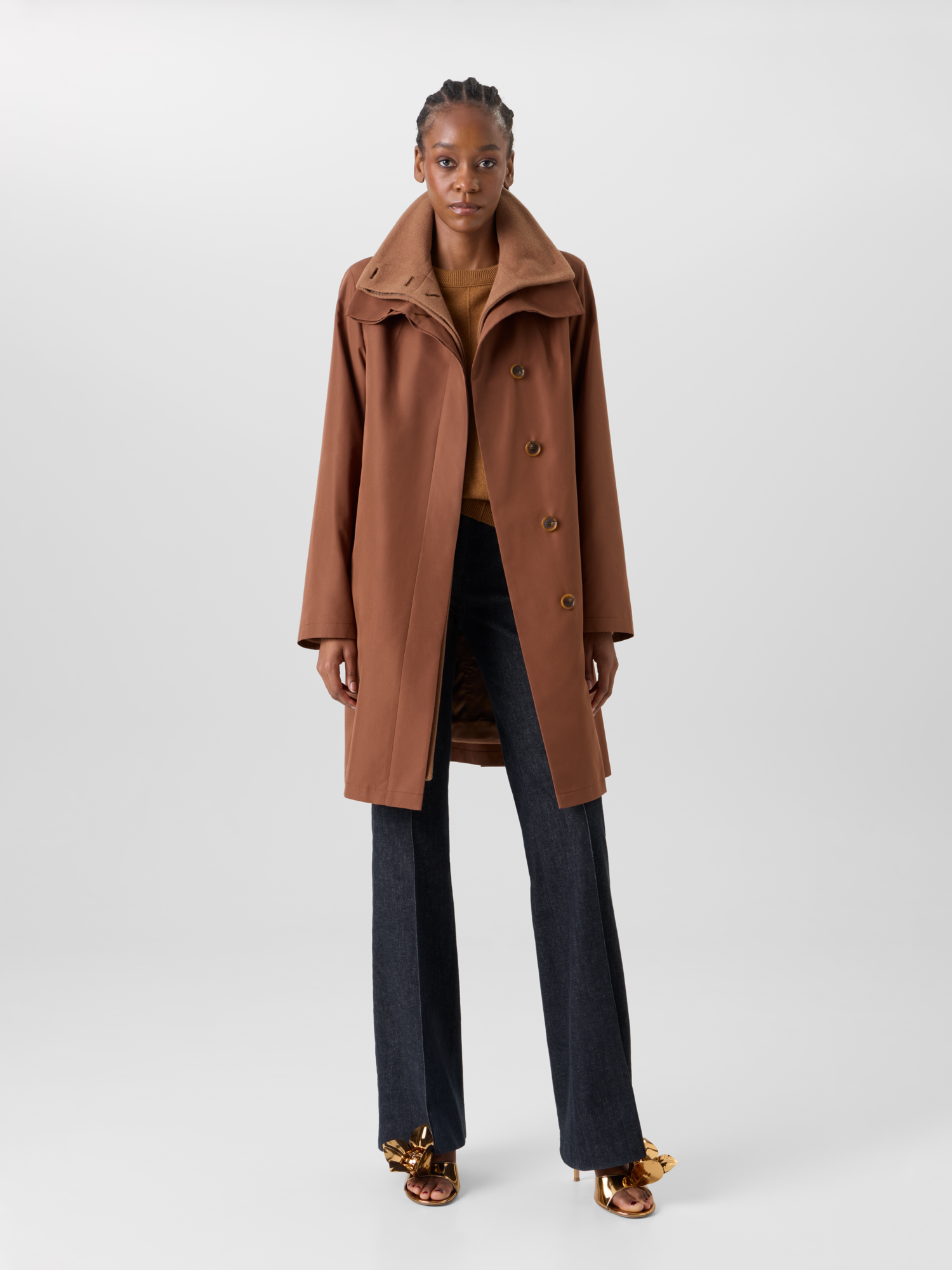 Designer Two-in-One Silk Taffeta Coat with Cashmere Inner - brown 