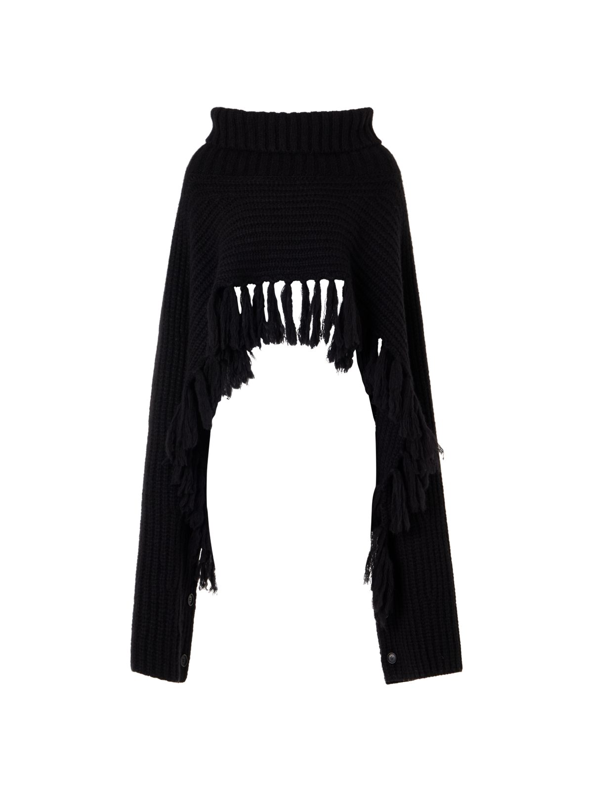 Designer Cashmere Silk Cape Scarf with Turtleneck and Fringes - black