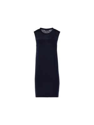 Designer Sleeveless Stretch Linen-Silk Knit Sheath Dress - navy