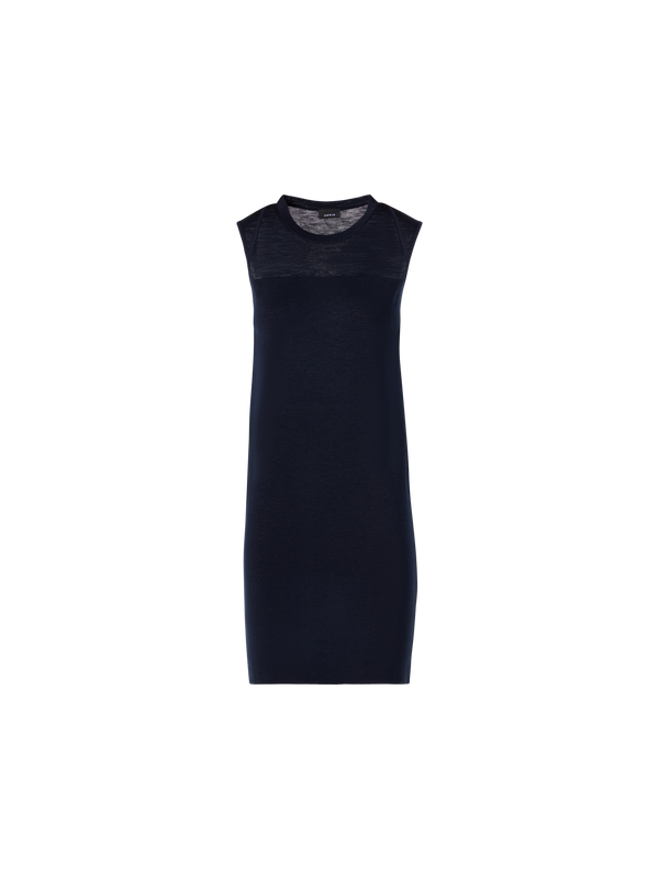 Designer Sleeveless Stretch Linen-Silk Knit Sheath Dress - navy