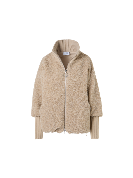 Designer Fleece Bouclé Quilted Jacket with High Knit Cuffs - beige