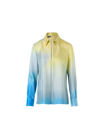 Designer Silk Twill Tunic Blouse with Sunbeam Print - blue - multicolor