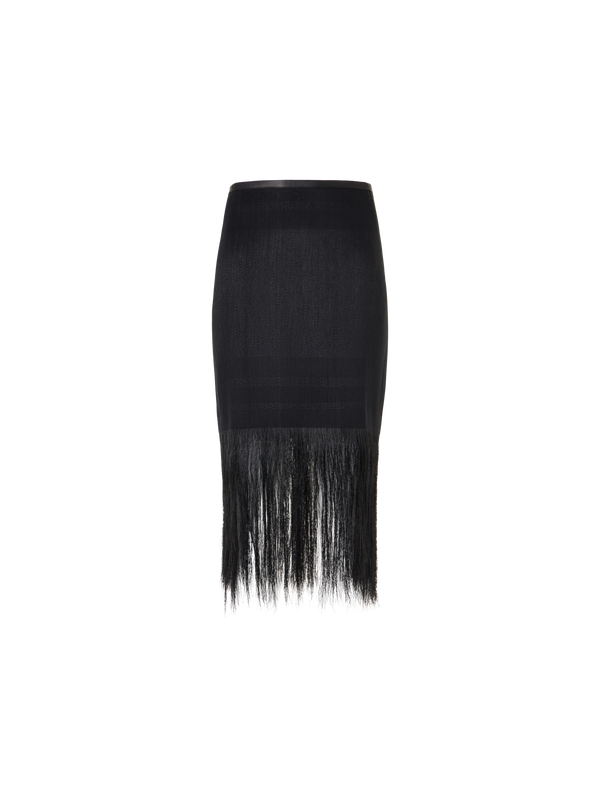 Designer Horsehair Pencil Skirt with Fringed Hem - black