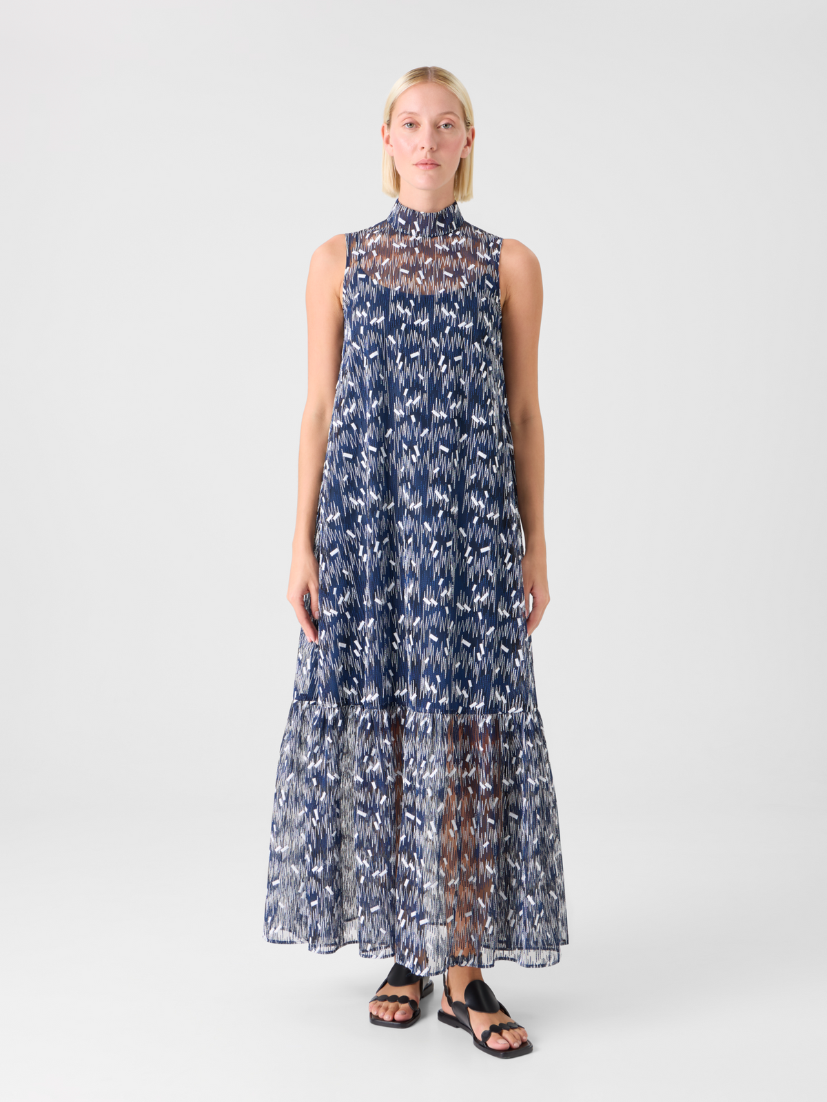 Designer Scribble Dot Embroidered Midi A-Line Dress - blue