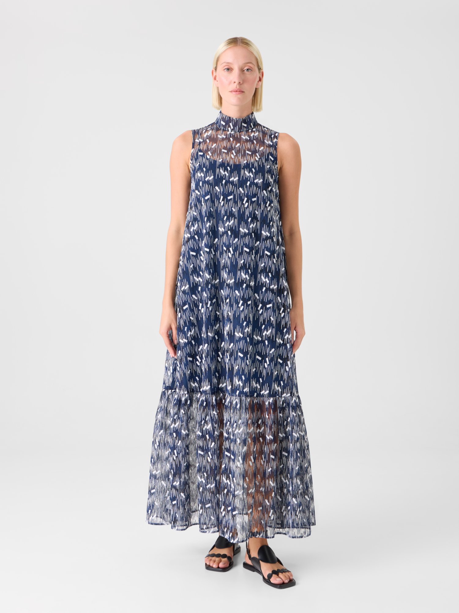 Designer Scribble Dot Embroidered Midi A-Line Dress - blue