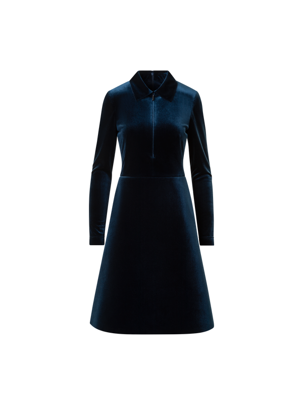 Designer Short Velvet Neoprene A-Line Shirt Dress - neutral - navy - blue