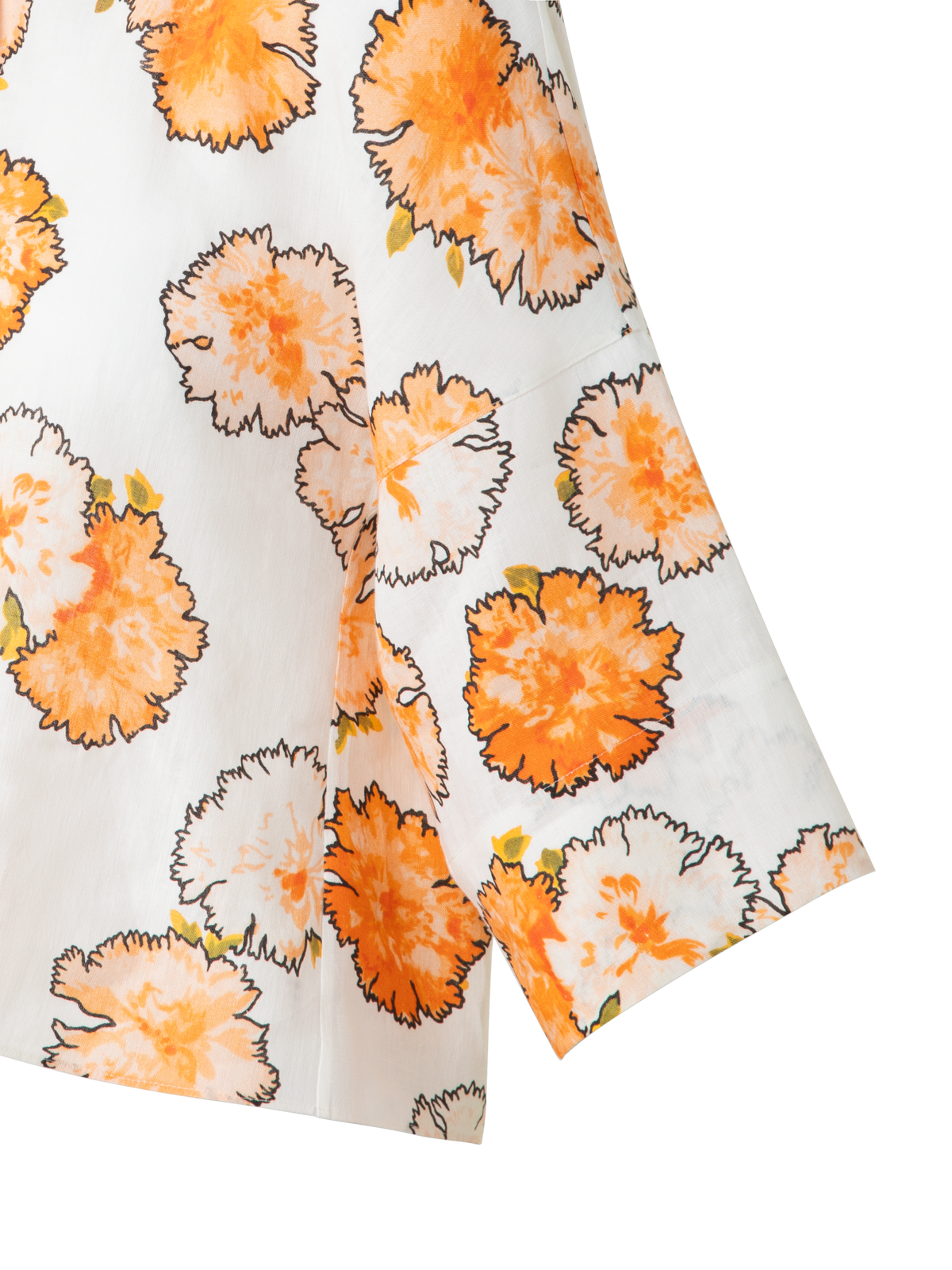 Designer Cropped Linen Kimono Blouse in Carnation Print - multicolor - ecru - orange - white