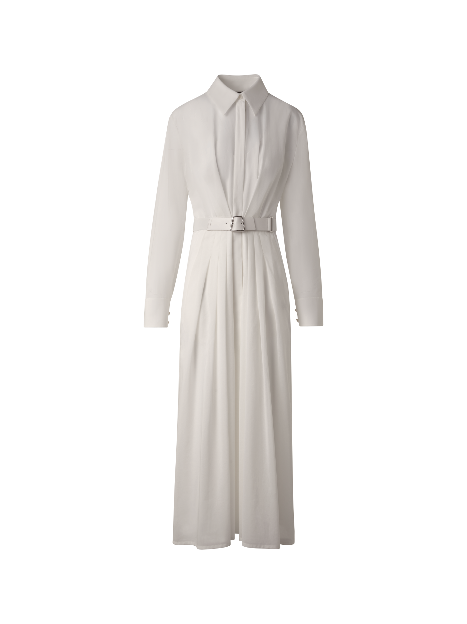 Designer Belted Long Sleeve Shirt Dress in Cotton Voile - grey - neutral - beige