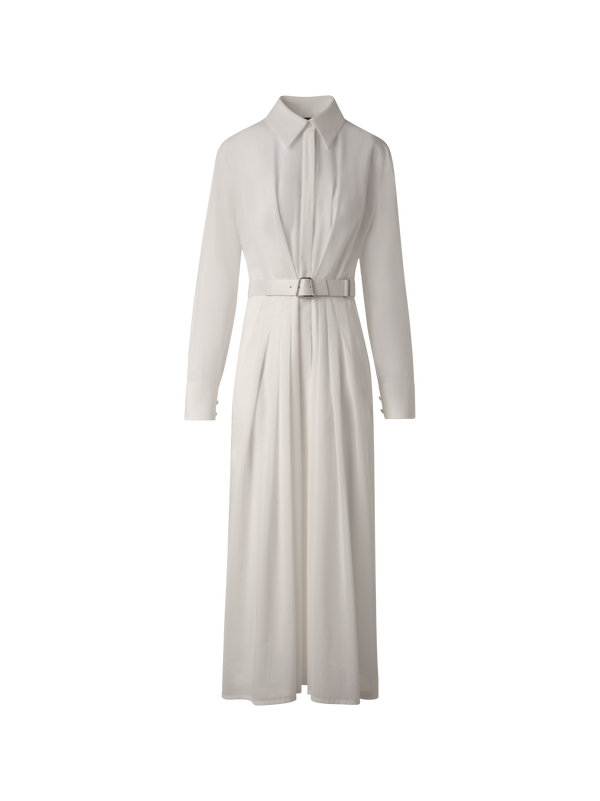 Designer Belted Long Sleeve Shirt Dress in Cotton Voile - grey - neutral - beige