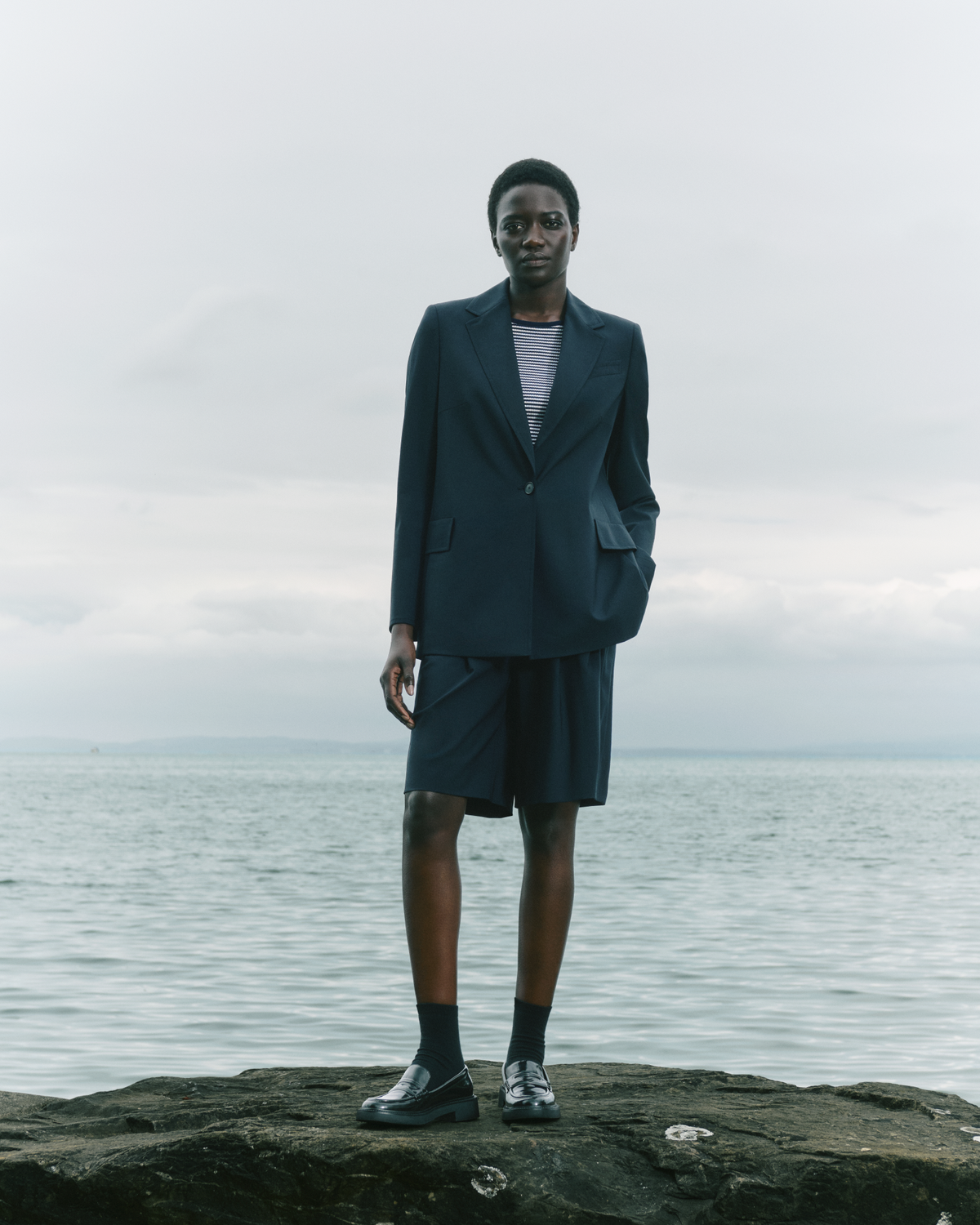 Designer Wide Cool Wool Bermuda Shorts - navy #editorial