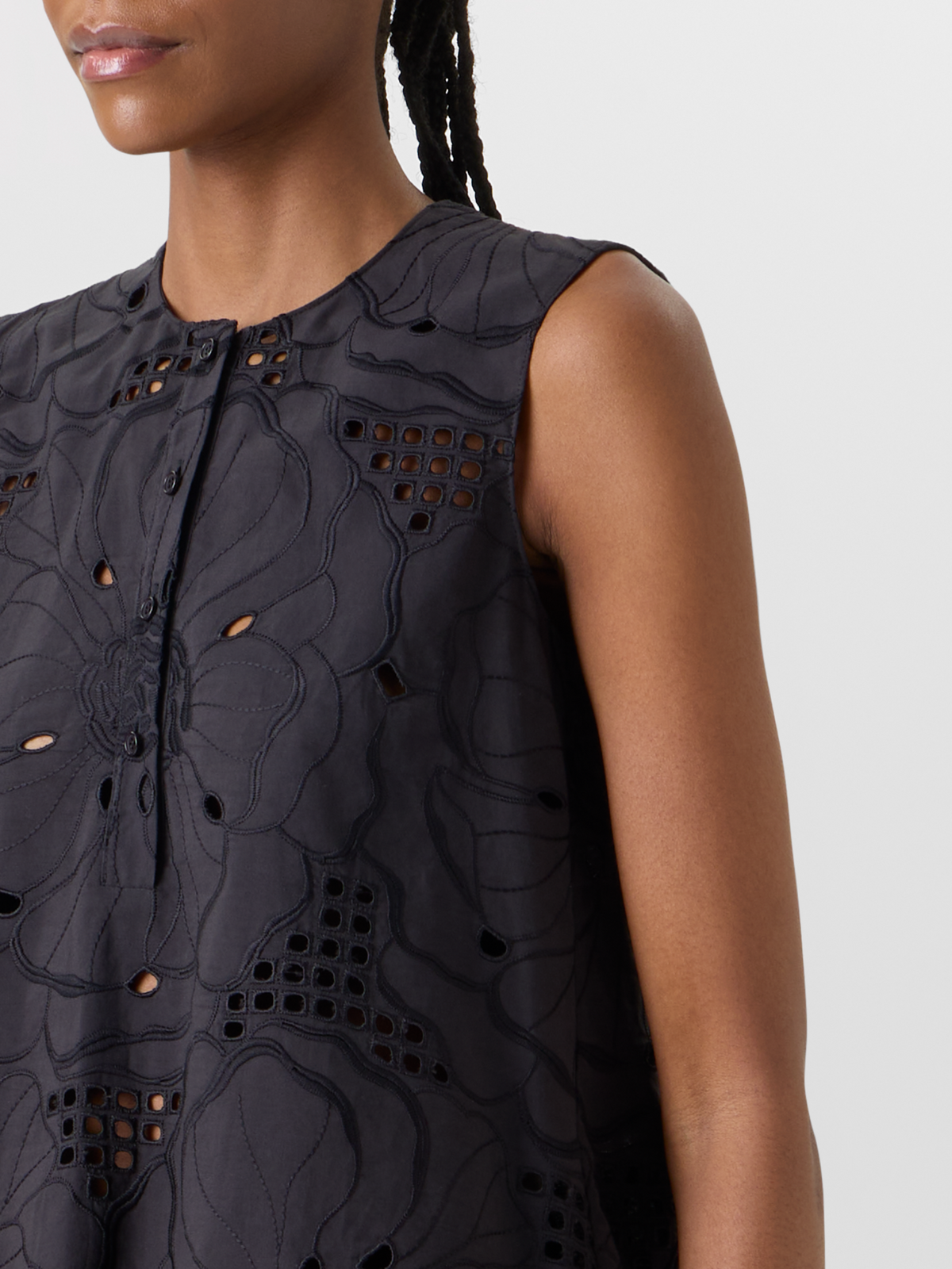 Designer Sleeveless Flower Eyelet Tunic Blouse - black #editorial