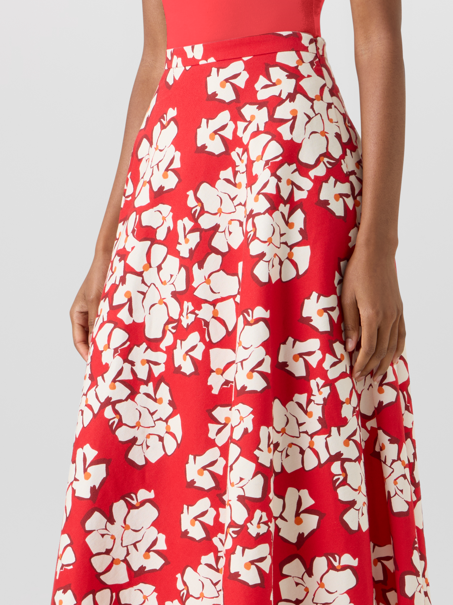Designer Flared Papercut Flower Midi Skirt - red 