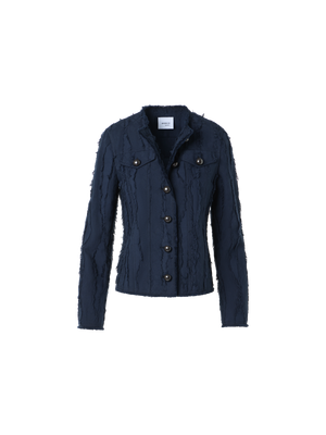 Designer Fringed Wave Jacquard Cotton Jacket - navy - blue